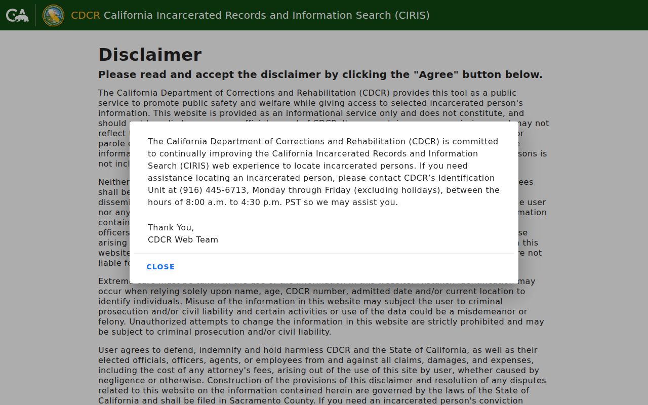 Bell Gardens resident lookup California CIRIS state prison search